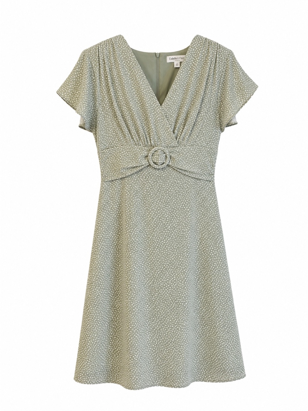 Coldwater Creek Sage Green Polka Dot Fit & Flare Dress Size 10 Belted Midi - Picture 2 of 4